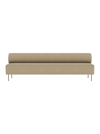 Front view of the Eave Dining Sofa in sandy beige. The minimalist design has a cylindrical backrest and thin black legs.