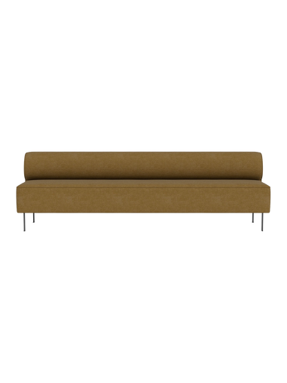 Front view of the Eave Dining Sofa open section module in mustard-yellow fabric, with a bolster backrest and thin metal legs.