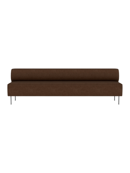 A front-facing image of the Eave Dining Sofa, an open section module, in a textured brown fabric with thin metal legs.