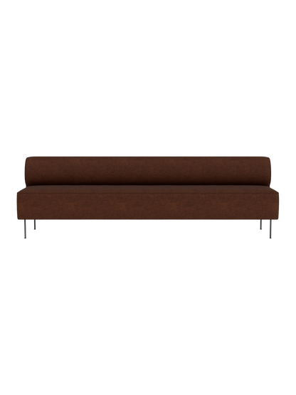 Eave Dining Sofa, Open section modules. The long, minimalist sofa is upholstered in brown fabric with slender metal legs.
