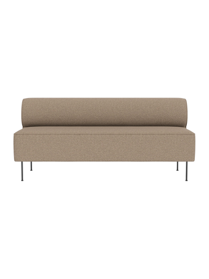 Front view of the Eave Dining Sofa in Logan Flint, a light brown textured fabric with a long seat and cylindrical backrest.