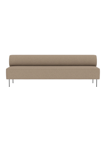 Front view of the Eave Dining Sofa in light brown Logan Flint fabric, featuring a minimalist design, low back and thin legs.