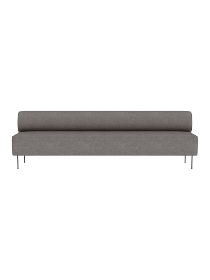 Front view of the Eave Dining Sofa, Open section module, upholstered in grey Audo Bouclé 16 fabric on a black background.