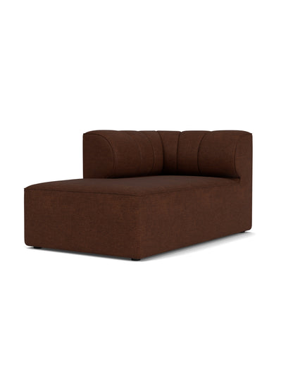 A three-quarter view of the Eave Seamline Modular Sofa's left-corner chaise longue module in a textured, brown bouclé fabric.
