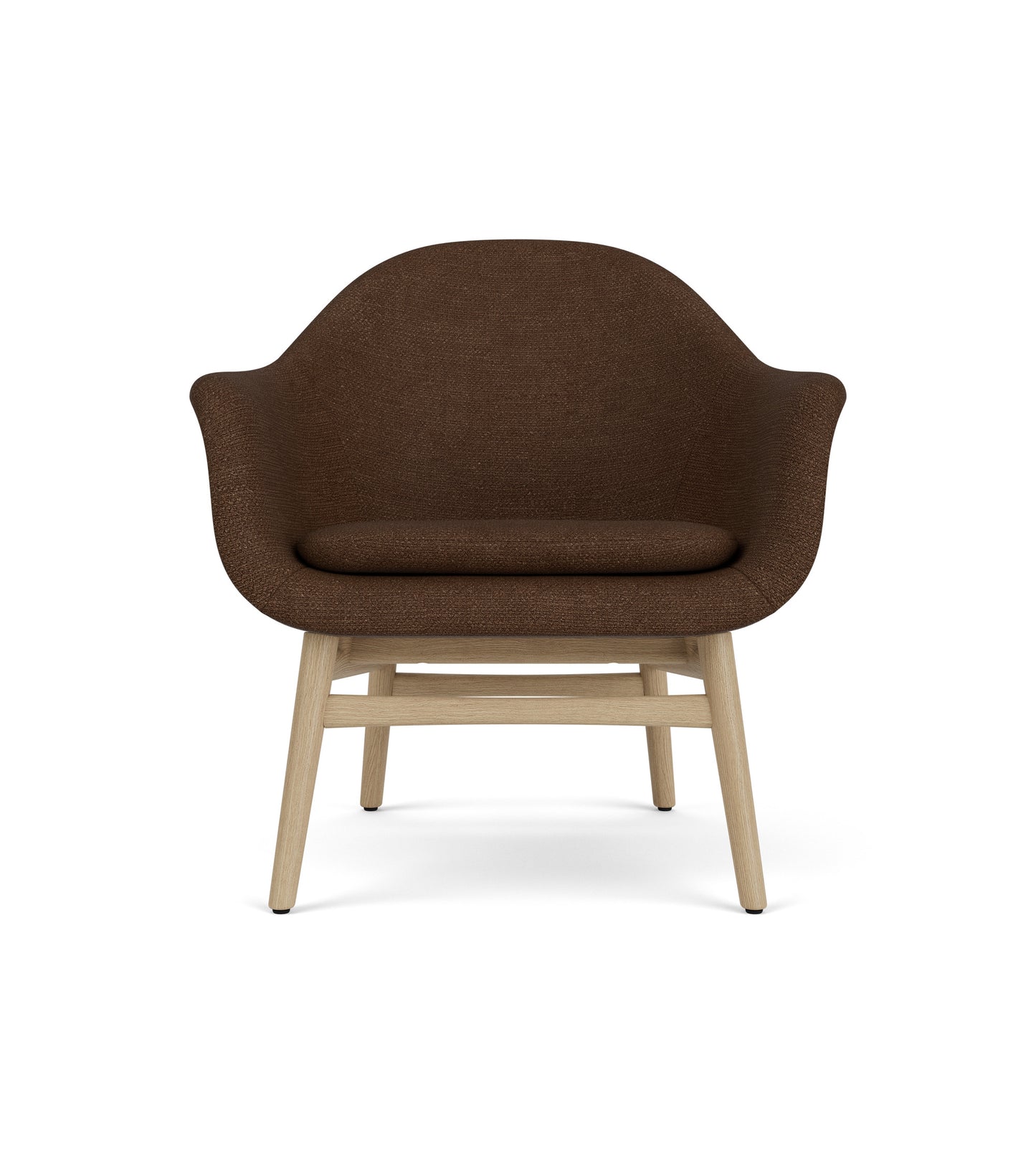 Sculptural Harbour Lounge Chair with dark brown boucl  upholstery and a solid natural oak wood frame.