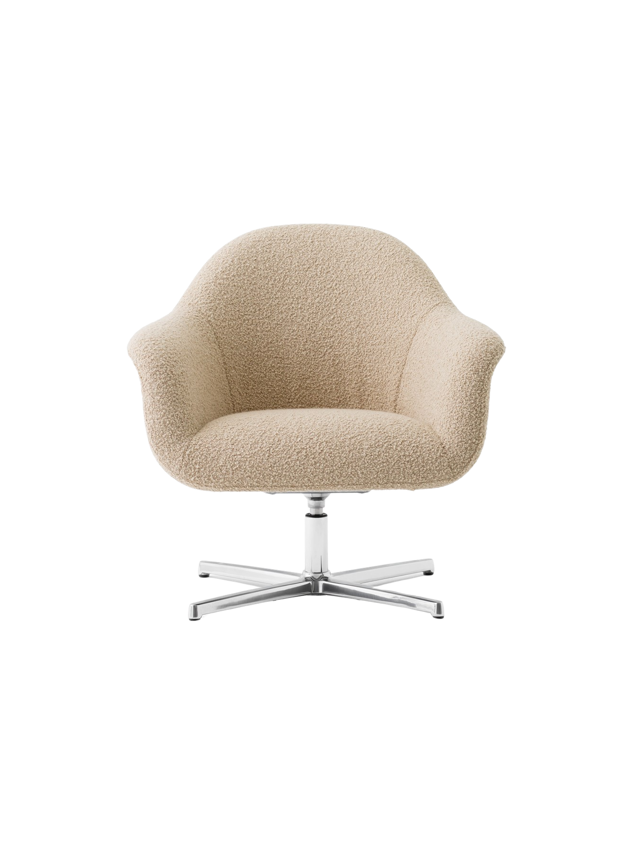 Front view of the Harbour Lounge Chair upholstered in light beige Baena 15 fabric with a polished aluminium swivel star base.