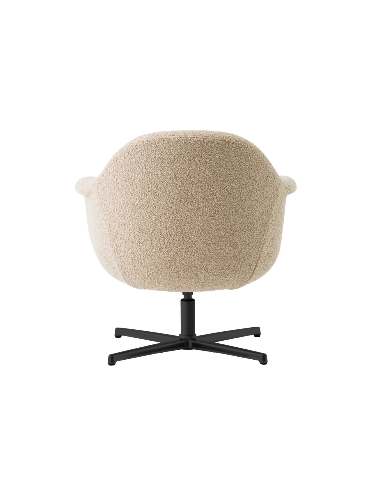 Back view of the Harbour Lounge Chair with light beige textured upholstery and a black, star-shaped swivel base.