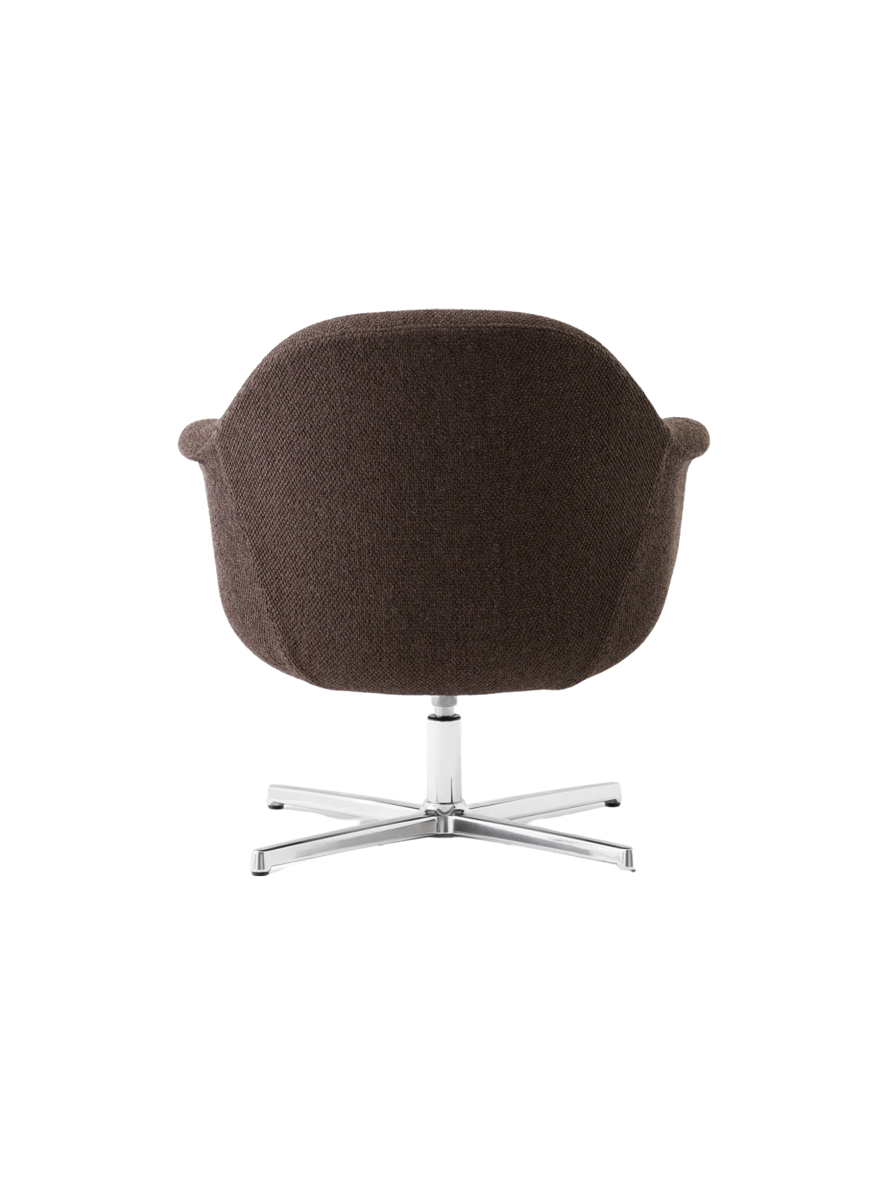 Back view of the Harbour Lounge Chair in brown textile with a polished aluminium star swivel base, on a black background.