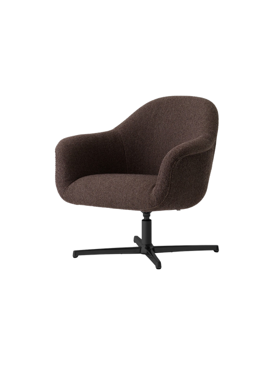 Angled view of the Harbour Lounge Chair, upholstered in dark brown Baena 15 fabric with a black aluminium star swivel base.