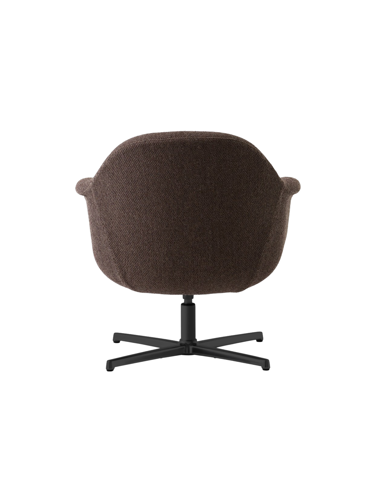 Back view of the Harbour Lounge Chair upholstered in dark brown fabric with a black four-legged star swivel base.