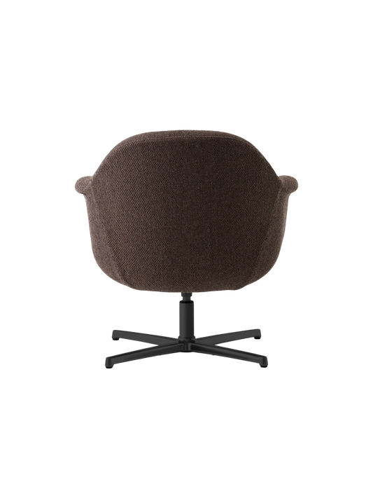 Back view of the Harbour Lounge Chair upholstered in dark brown fabric with a black four-legged star swivel base.