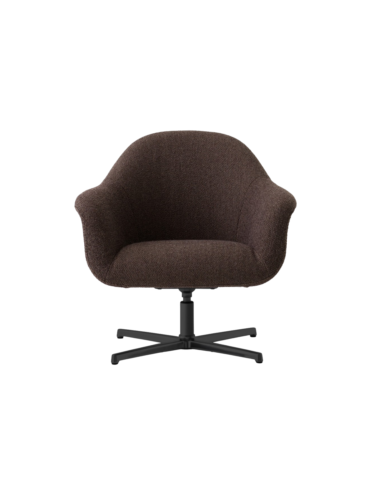 Front view of the Harbour Lounge Chair, upholstered in brown Baena 15 fabric, featuring a black aluminium star swivel base.
