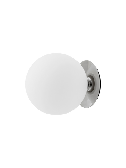 TR Bulb Ceiling/Wall Lamp with a polished steel fixture and a spherical white opal glass shade against a black background.