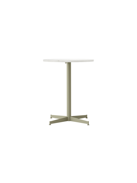 Front view of the Nook Dining Table with a round, white Estremoz marble top and an olive green, four-star steel base.