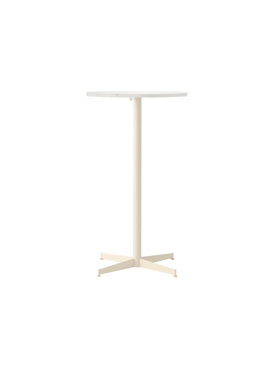 Front view of the Nook Bar Table, featuring a round Estremoz marble top on a tall, ivory powder-coated steel pedestal base.
