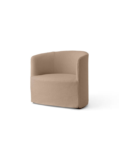 Angled view of the Tearoom Lounge Chair with a Loose Cover in textured Logan Flint fabric against a white background.