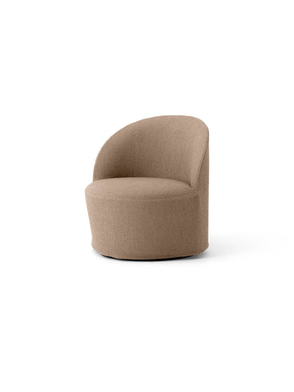 Angled view of the Tearoom Lounge Chair with Swivel, upholstered in light brown Logan Flint fabric on white background.