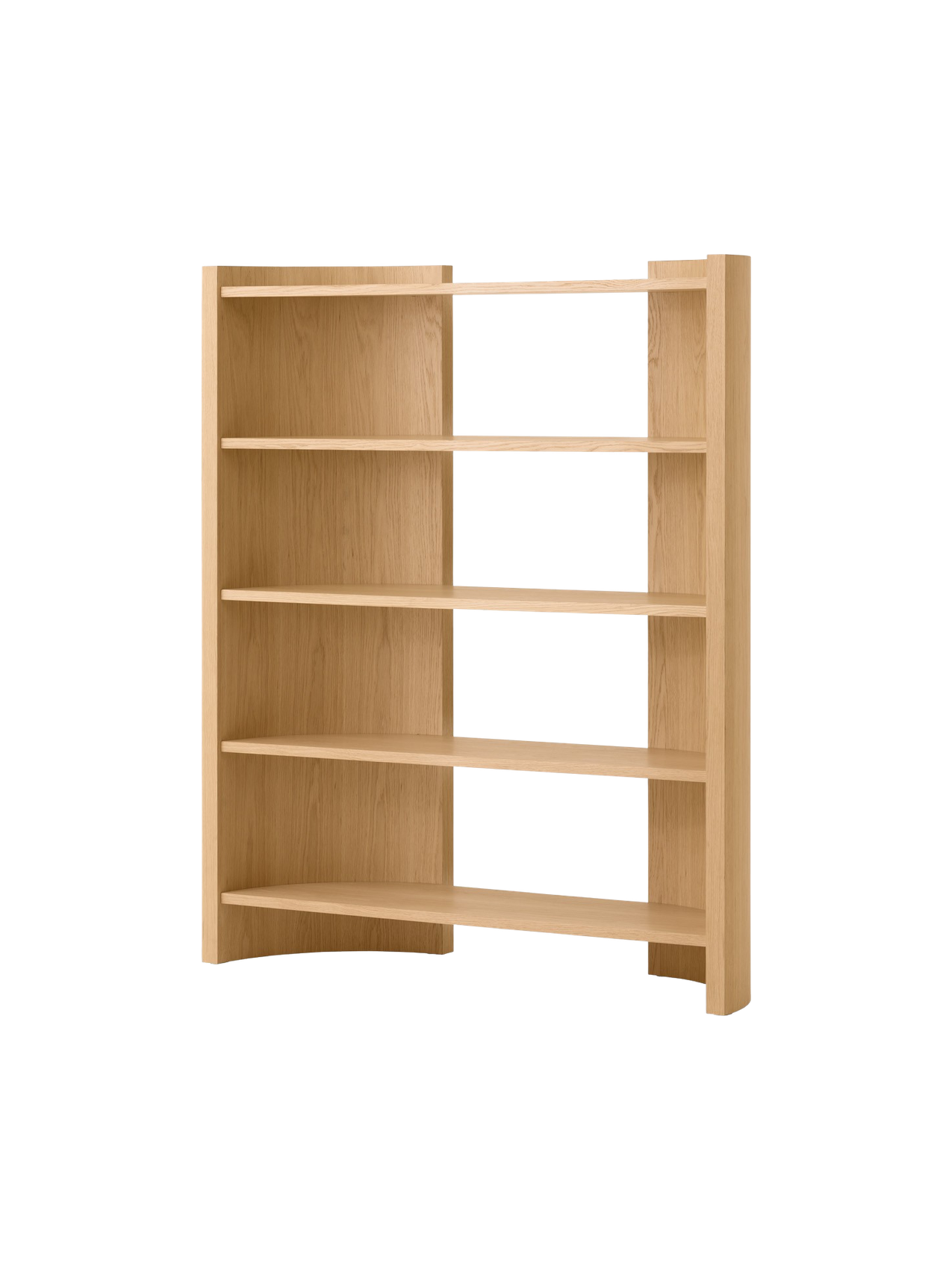 Angled view of a minimalist, light oak bookshelf with five shelves and a partial open-back design against a black background.