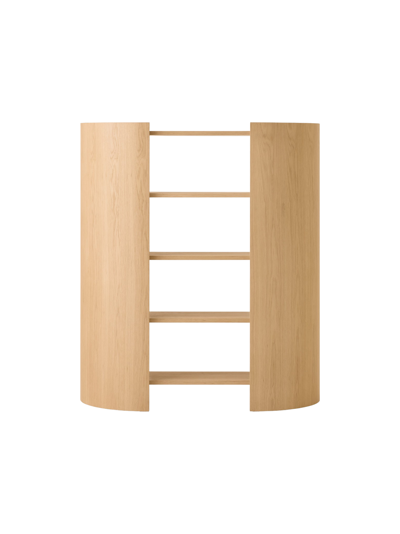 Back view of a light oak shelving unit with four shelves, framed by two curved side panels, on a black background.