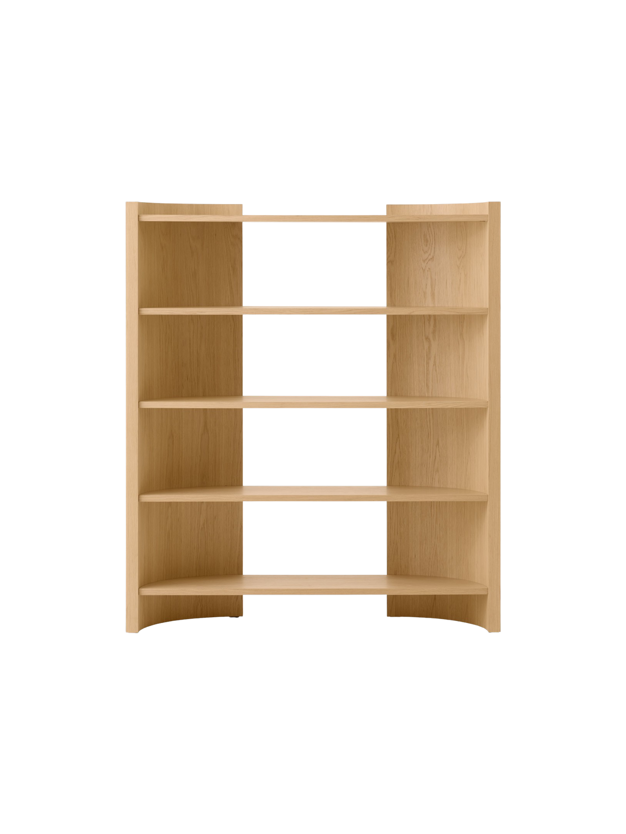 Front view of a natural oak bookcase with four shelves and a central divider. The top and bottom shelves have a gentle curve.