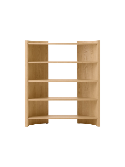 Front view of a natural oak bookcase with four shelves and a central divider. The top and bottom shelves have a gentle curve.