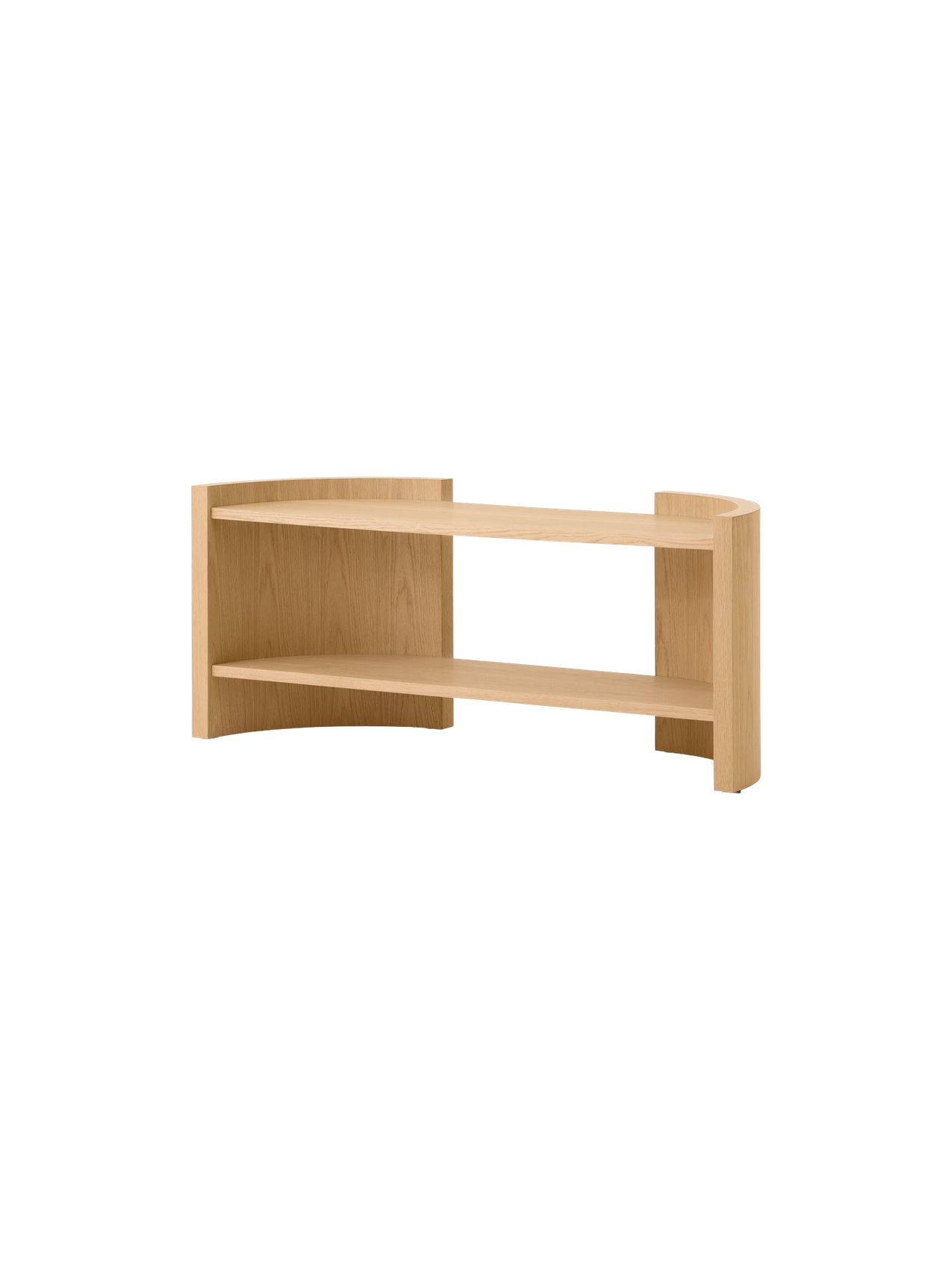 Angle view of the Passage Lounge Table in natural oak, showcasing its two curved shelves and minimalist design.
