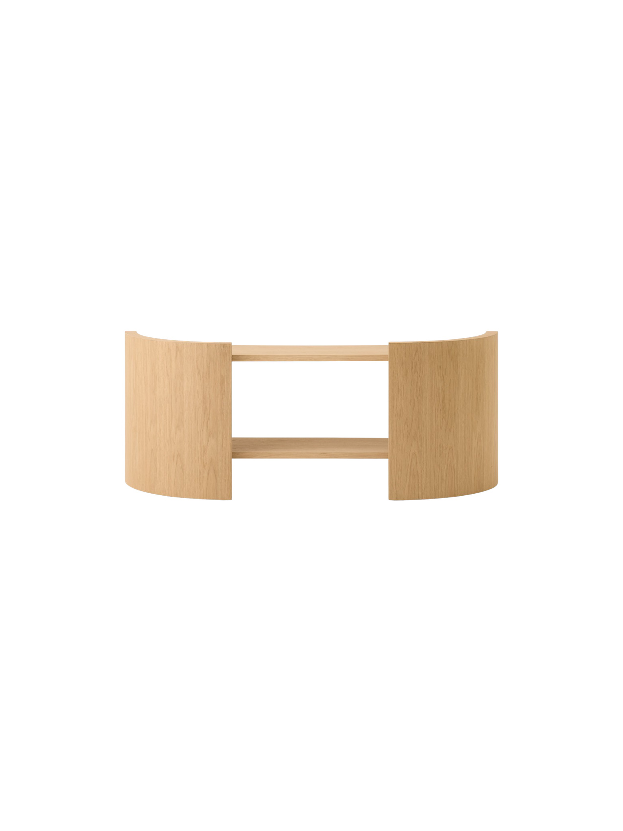 Back view of a minimalist console table in light oak, featuring two curved sides connected by a pair of open shelves.