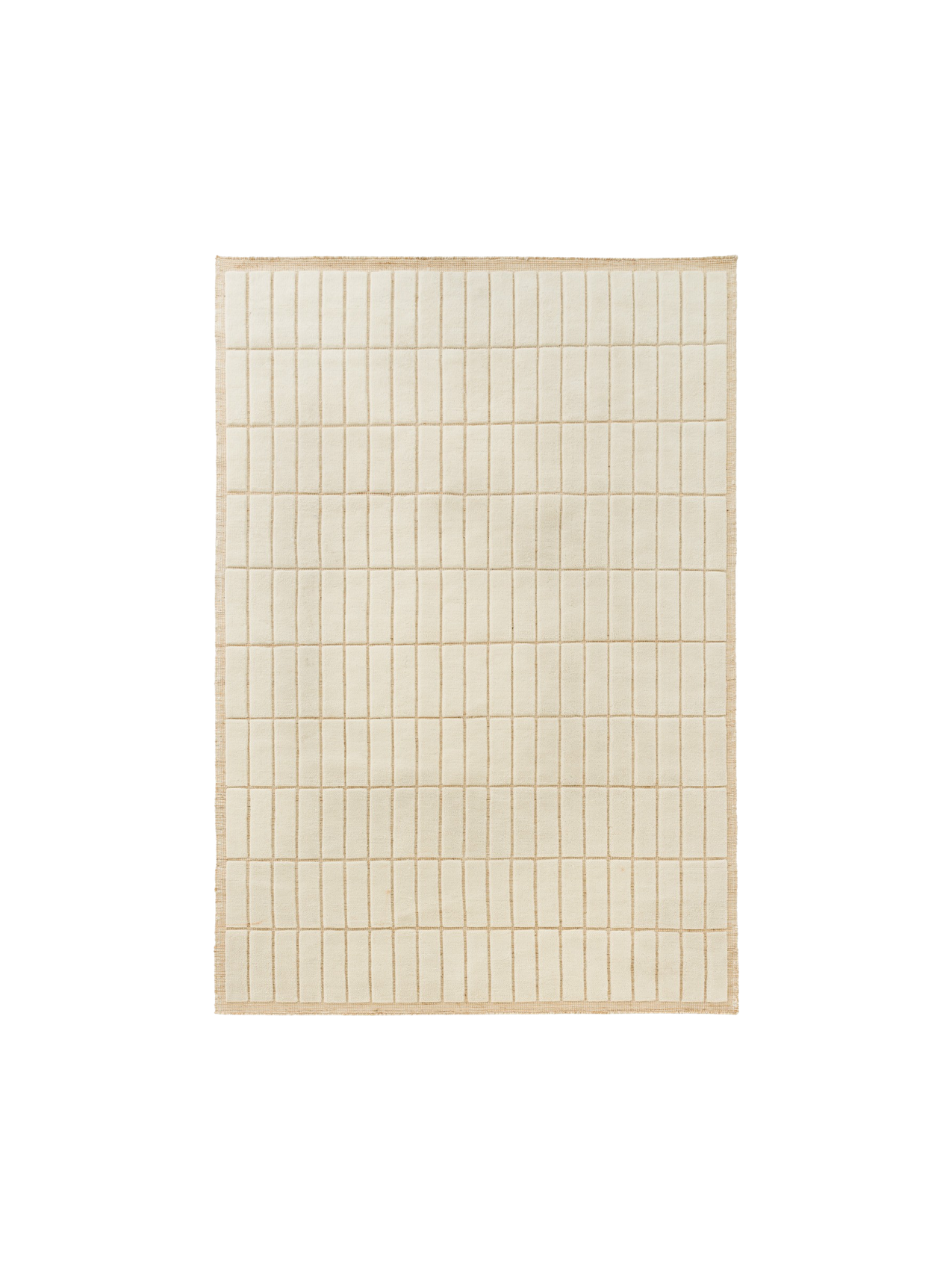 Top-down view of a square, cream-coloured rug featuring a grid pattern of raised rectangular tiles with a textured border.