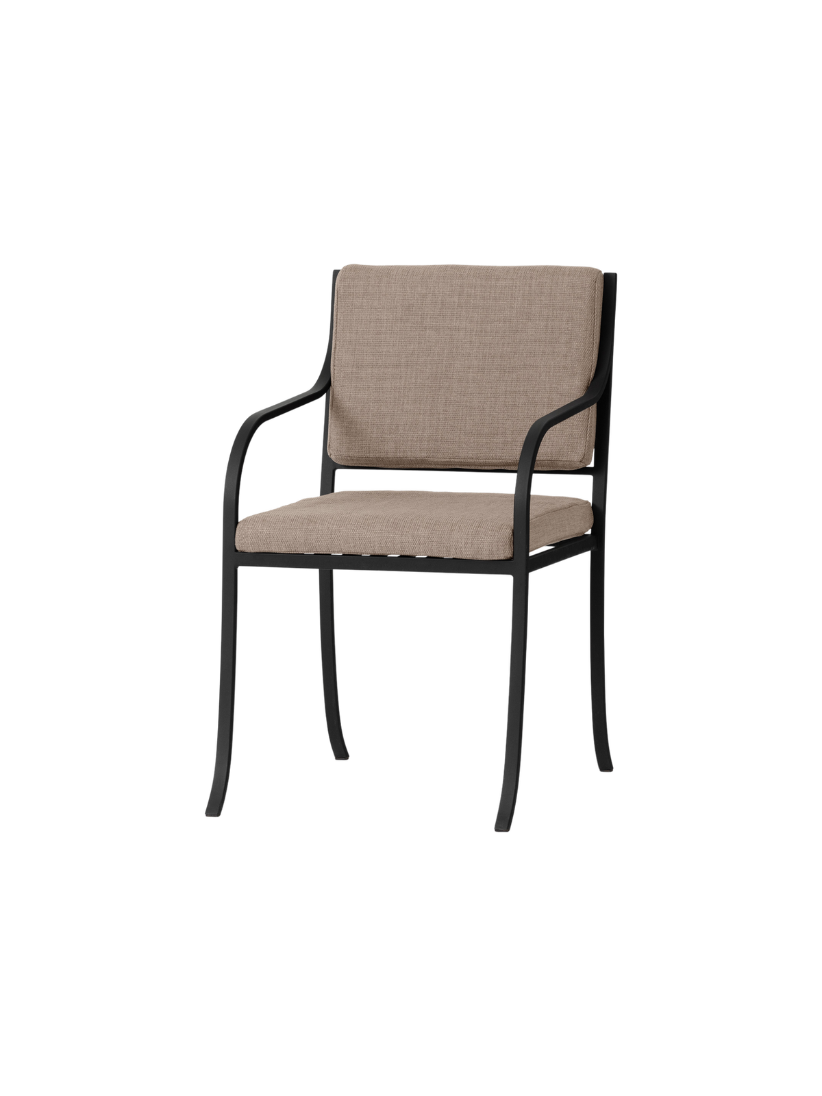 Bloss Garden Dining Chair in black powder-coated steel with beige seat and back cushions, shown from an angle.