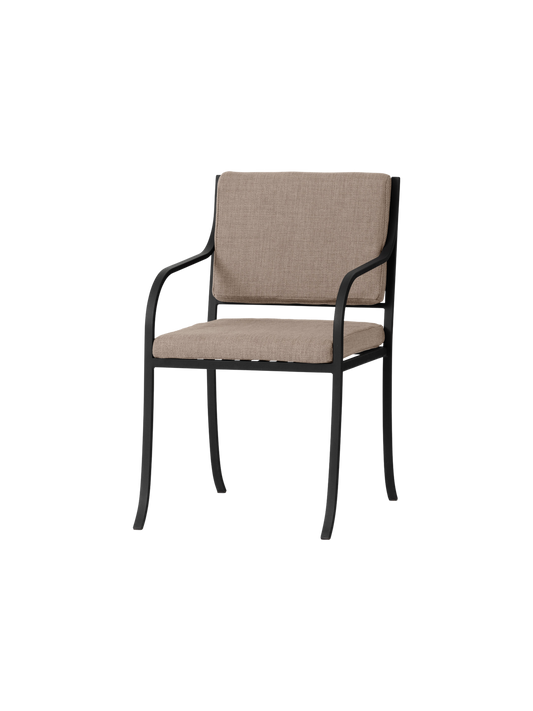 Bloss Garden Dining Chair in black powder-coated steel with beige seat and back cushions, shown from an angle.