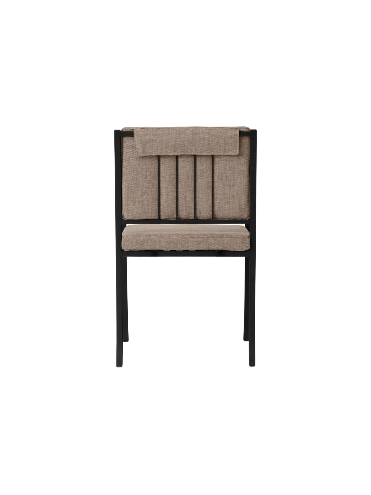 Bloss Garden Dining Chair in black powder-coated steel with taupe outdoor textile cushions, shown from the back.