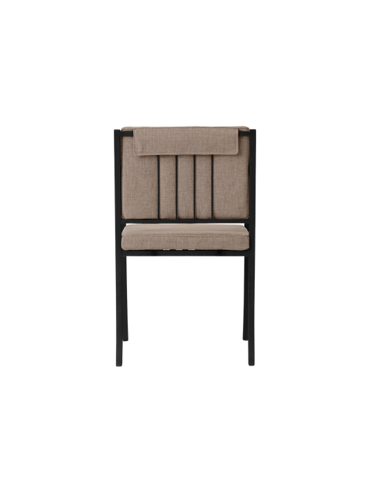 Bloss Garden Dining Chair in black powder-coated steel with taupe outdoor textile cushions, shown from the back.
