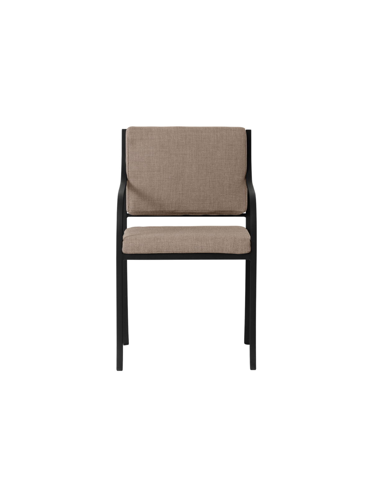 Bloss Garden Dining Chair in black powder-coated steel with textured beige seat and back cushions, shown from a front view.