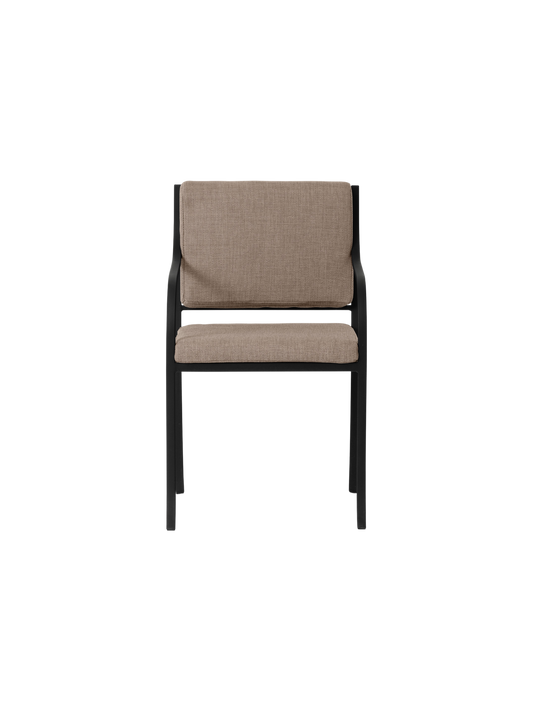 Bloss Garden Dining Chair in black powder-coated steel with textured beige seat and back cushions, shown from a front view.