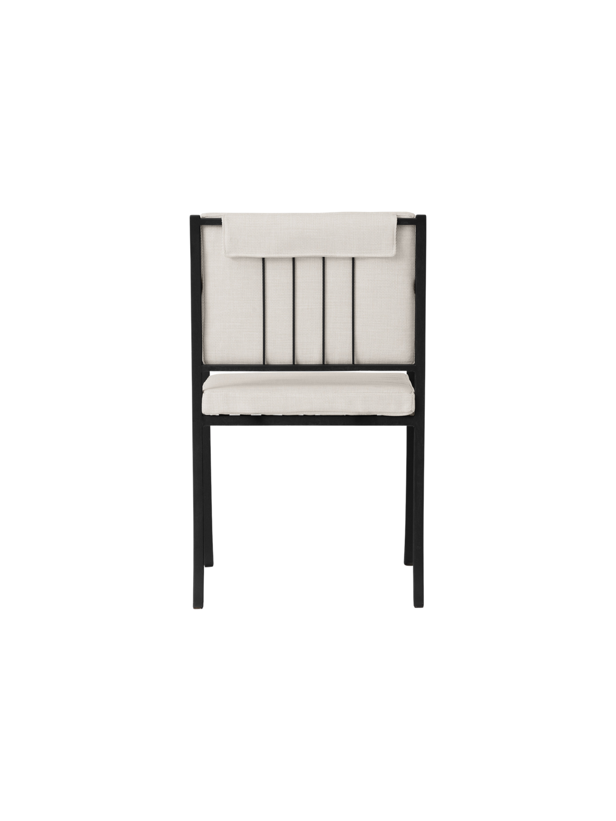 Rear view of the Bloss Garden Dining Chair in black powder-coated steel with light-coloured seat and back cushions.