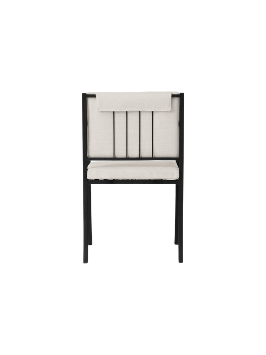 Rear view of the Bloss Garden Dining Chair in black powder-coated steel with light-coloured seat and back cushions.