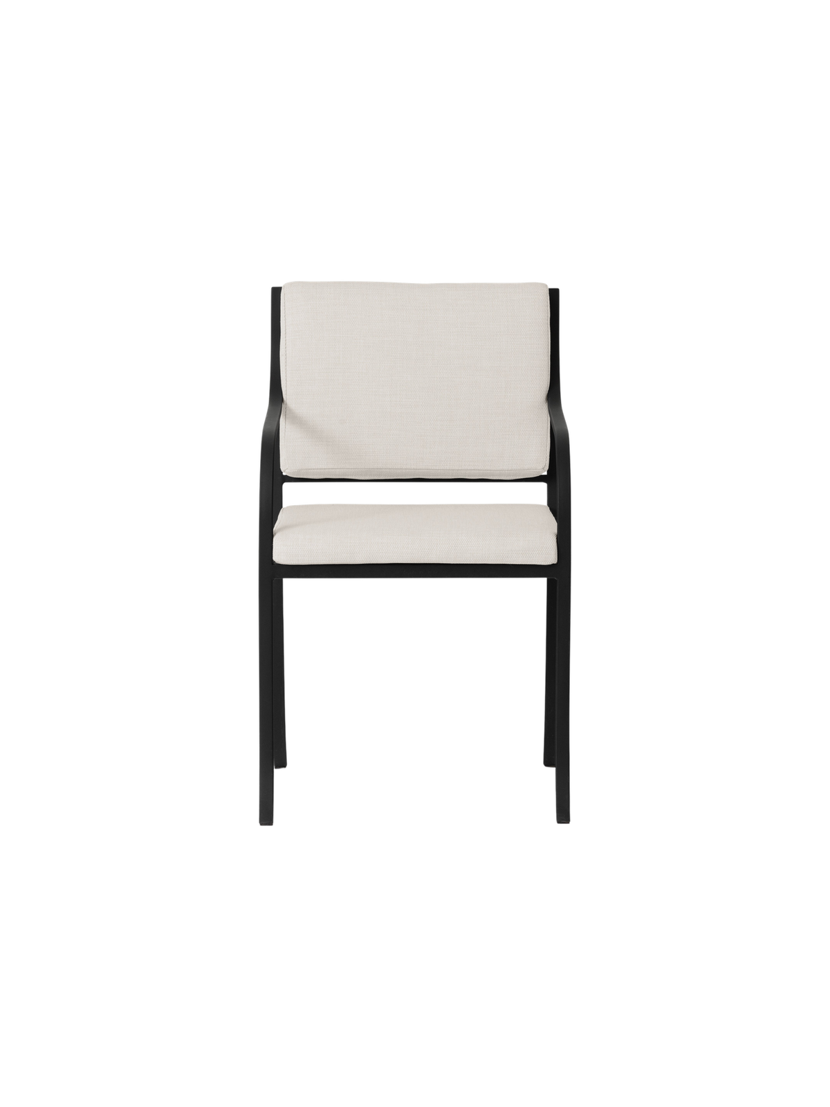 Bloss Garden Dining Chair in black powder-coated steel with light-coloured outdoor cushions, viewed from the front.