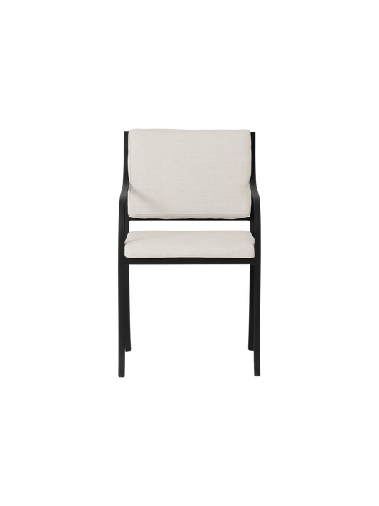 Bloss Garden Dining Chair in black powder-coated steel with light-coloured outdoor cushions, viewed from the front.