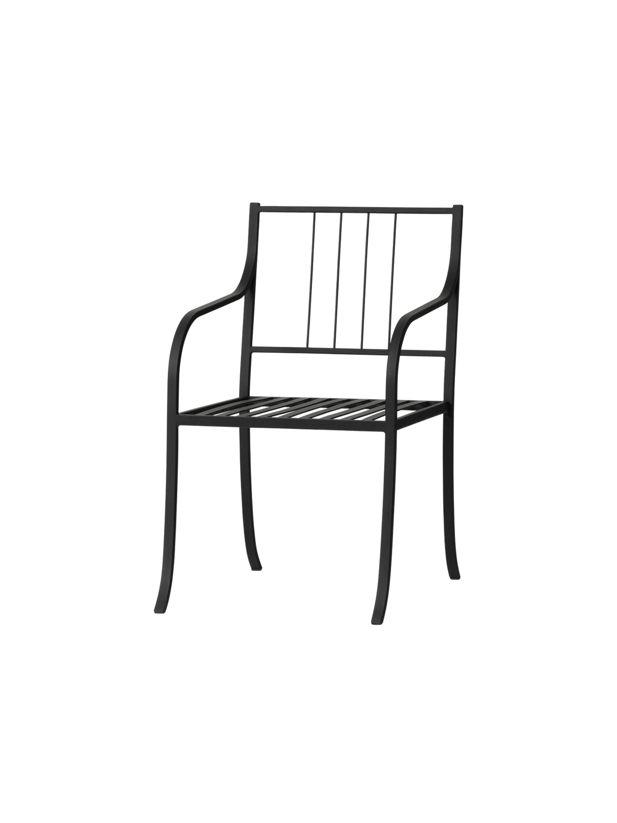 The Bloss Garden Dining Armchair in black powder-coated steel, shown from an angle against a black background.