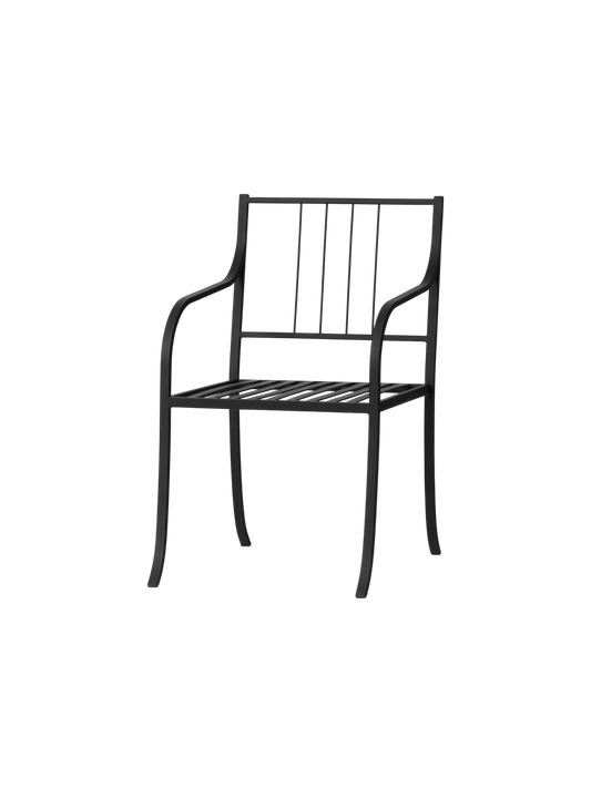 The Bloss Garden Dining Armchair in black powder-coated steel, shown from an angle against a black background.