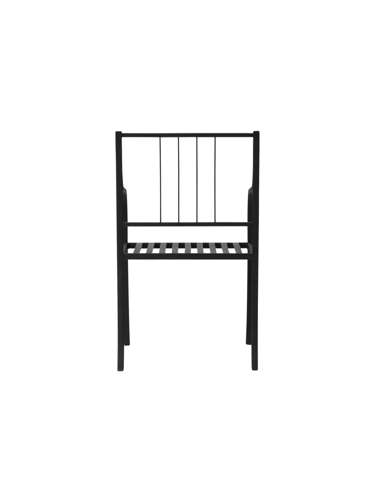 Bloss Garden Dining Armchair in black steel shown from a rear view, highlighting its vertical slat back.