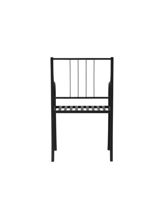Bloss Garden Dining Armchair in black steel shown from a rear view, highlighting its vertical slat back.