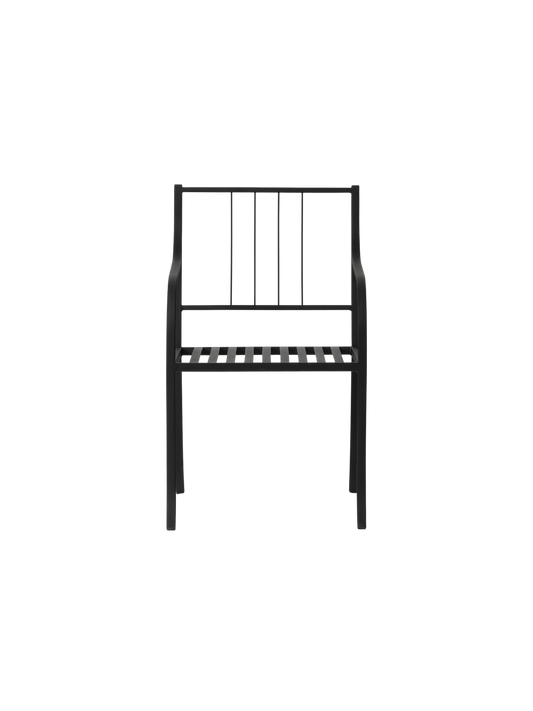 Bloss Garden Dining Armchair in black powder-coated steel shown from a direct front view.