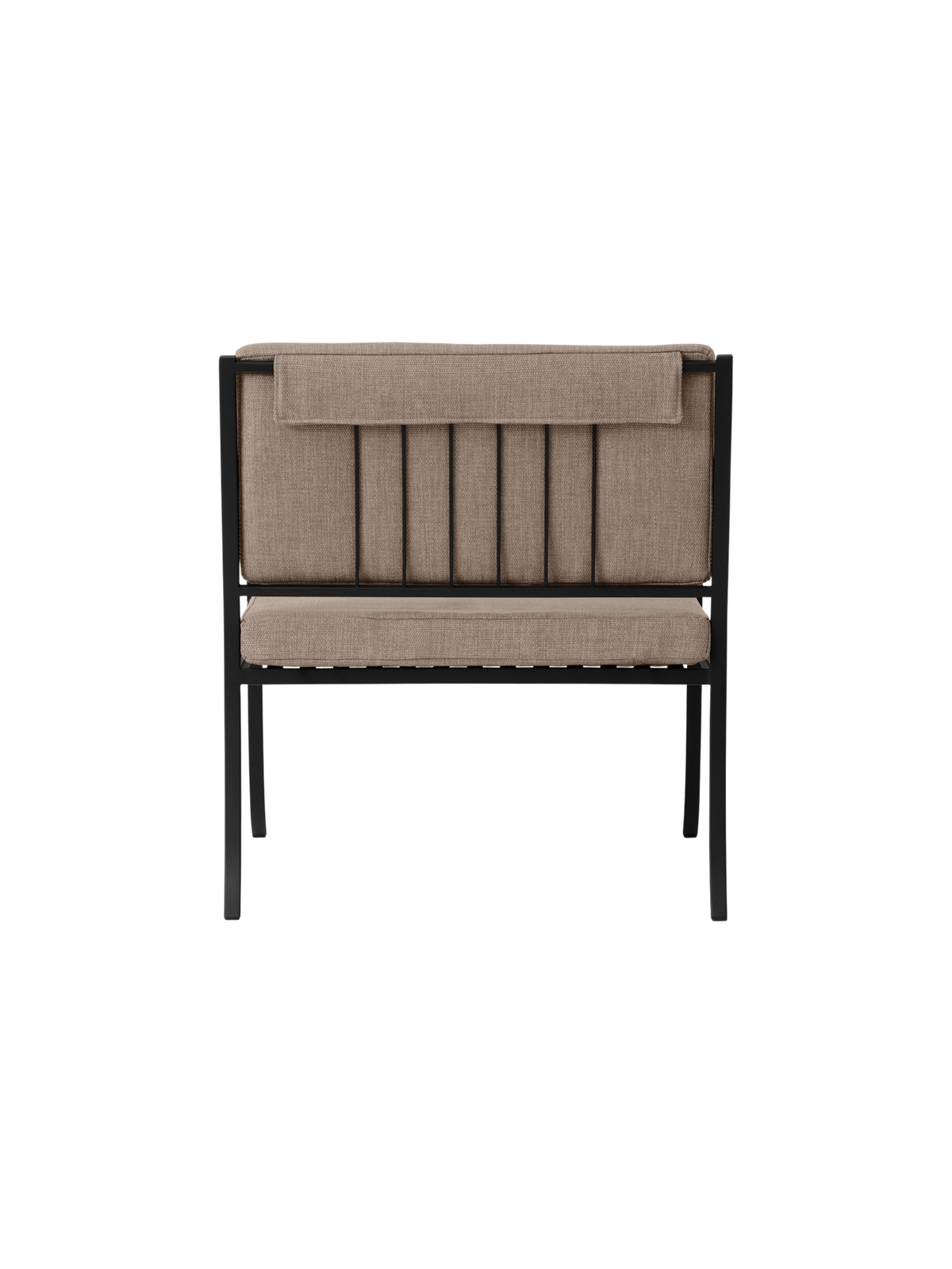 Bloss Garden Lounge Chair viewed from the back, showing its black powder-coated steel frame and beige upholstered cushions.