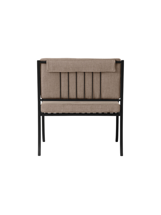 Bloss Garden Lounge Chair viewed from the back, showing its black powder-coated steel frame and beige upholstered cushions.