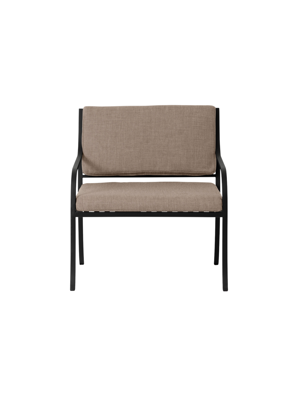 Bloss Garden Lounge Chair in black powder-coated steel with textured taupe cushions, shown from the front.
