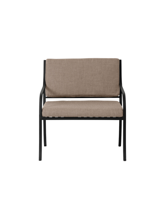 Bloss Garden Lounge Chair in black powder-coated steel with textured taupe cushions, shown from the front.