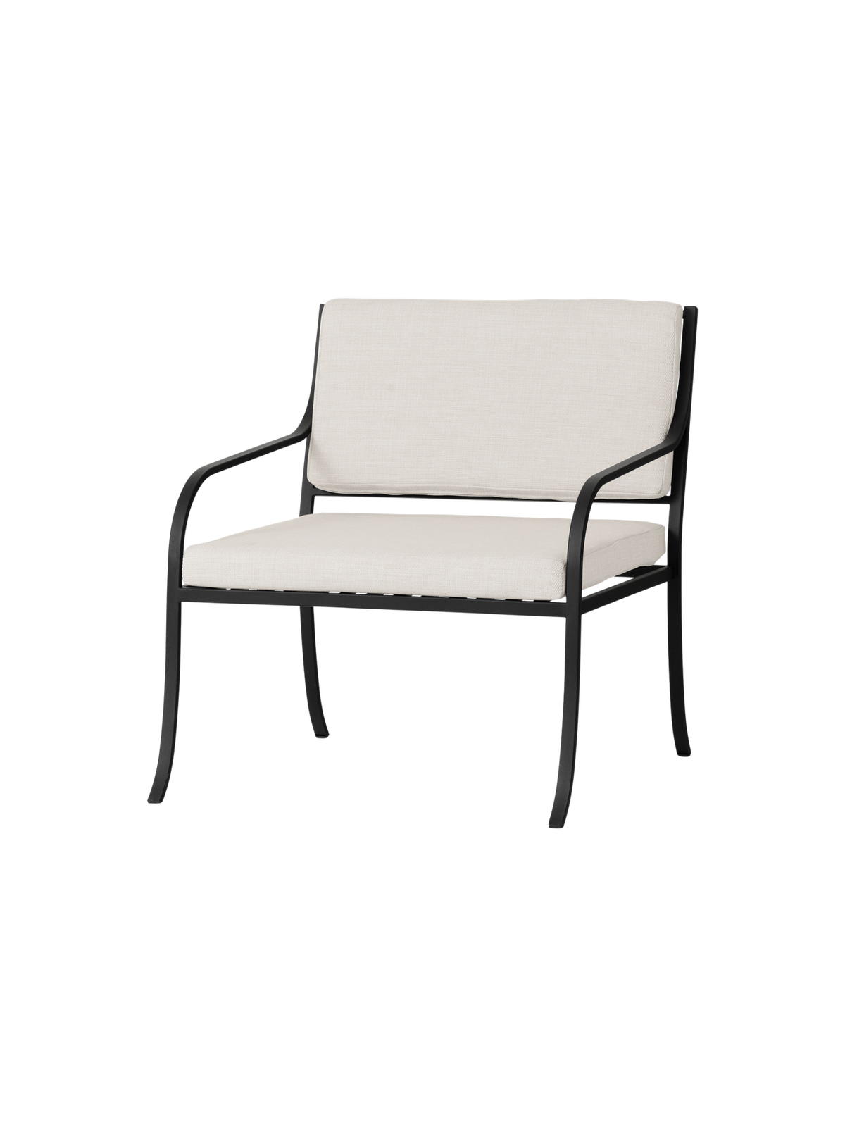 Bloss Garden Lounge Chair with a black powder-coated steel frame and light cushions, viewed from an angle.