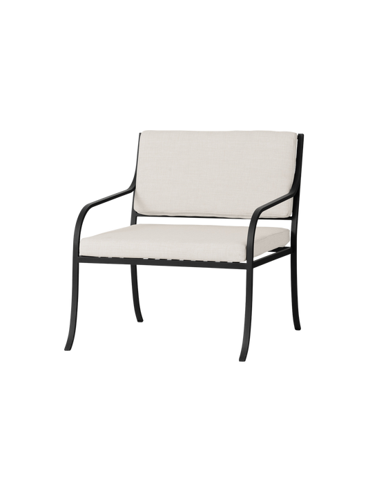 Bloss Garden Lounge Chair with a black powder-coated steel frame and light cushions, viewed from an angle.
