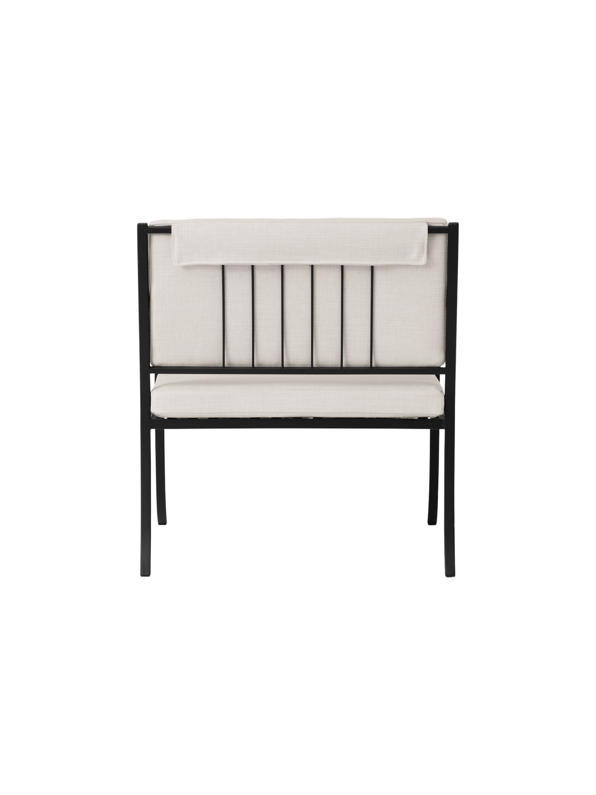Bloss Garden Lounge Chair viewed from the back, showcasing its black powder-coated steel frame and light outdoor cushions.